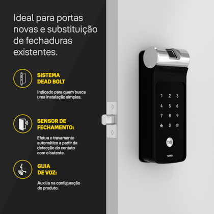 Fechadura Digital YDF 40A com APP, Biometria, Senha - Trinco Lingueta Tubular + Kit Conectividade