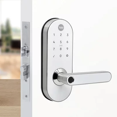 Fechadura Digital YMC 420W Branca/Cromada - Abre por biometria, senha, cartão e chave