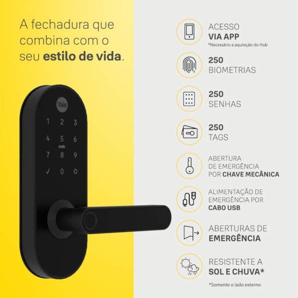 Fechadura Digital YMC 420W Preto Fosco - Abre por biometria, senha, cartão e chave