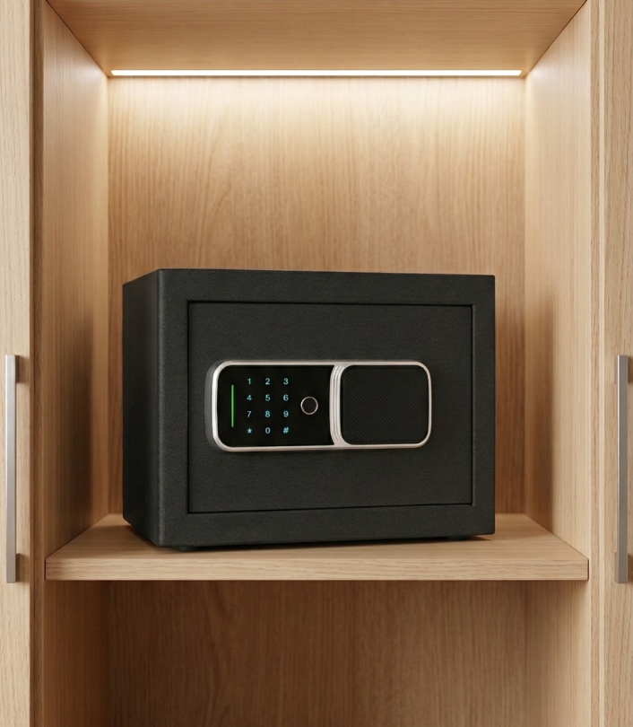 Cofre digital Yale preto com teclado numérico e leitor biométrico dentro de armário de madeira